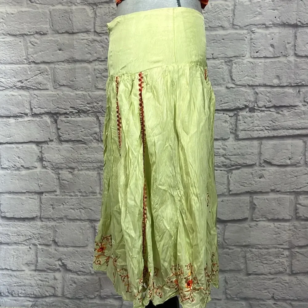 Hale Bob Green Embroidered Boho Bubble Midi Skirt